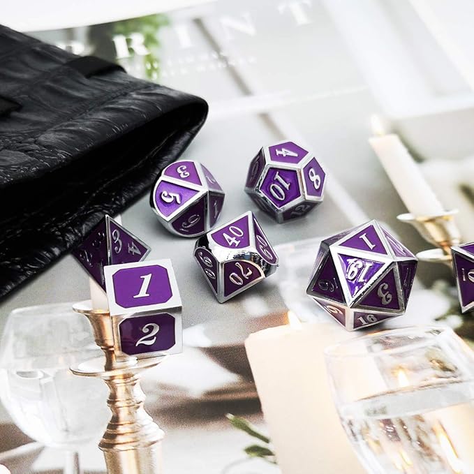Haxtec Metal DND Dice Purple Silver with PU Leather Dice Bag D&D Dice Set for RPG Dungeons and Dragons Gifts TTRPGs-Silver Royal Purple