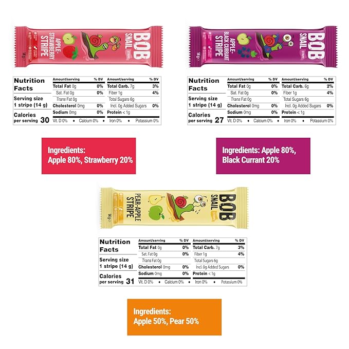 BOB SNAIL Healthy Organic Fruit Snacks for Kids and Adults–30 Organic Fruit Leather Snacks with Apple-Pear, Strawberry, Black Currant–Vegan Low-Carb Variety Pack Strips for Kids–Sugar Free Jerky Bars
