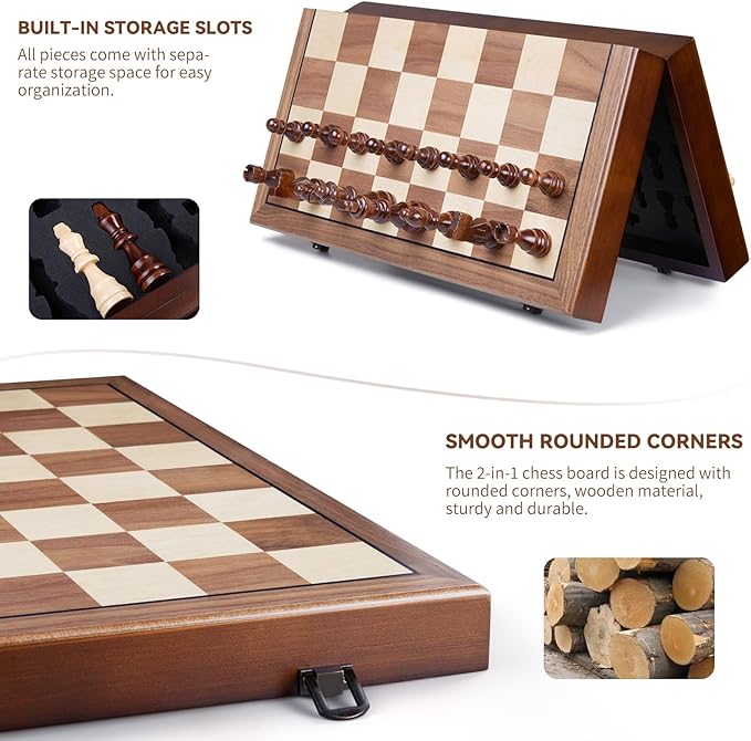 15'' Wooden Chess Set with Shut The Box Game, Magnetic Chess Board-2 Extra Queens-Pieces Storage Slots, Wooden Board Table Math Game, 2-in-1 Folding Board Game Set for Kids, Adults,Beginner