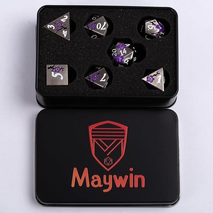 Black Metal DND Dice Set with Gift Case for Dungeons and Dragon, 7 PCS Solid Metal Dice for Tabletop Game(Antique Nickel-Purple)