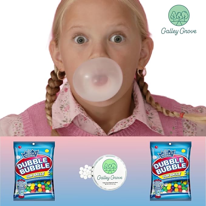 Dubble Bubble Mini Gumball Machine Refills 4.4 oz Bag (2-Pack), 1/2 inch 13mm Assorted Fruit Flavor Bubble Gum, Bundle With Galley Grove Sugar-Free Breath Mints
