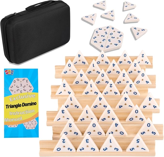 Triangle Domino Game Set with 8 Wooden Holders & 56 Triangular Domino Tiles & Brass Spinner Travel Essentials Classic Family Strategy Board Game for Kids and Adults