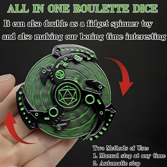 D&D Themed Fidget Spinner, dice Spinner, D4,D6, D8, D10, D12,D20,D% 7-in-1 Metal dice, Perfect for D&D Dungeons and Dragons, RPG and Pathfinder Role Playing Games (Green-Silver-Black)