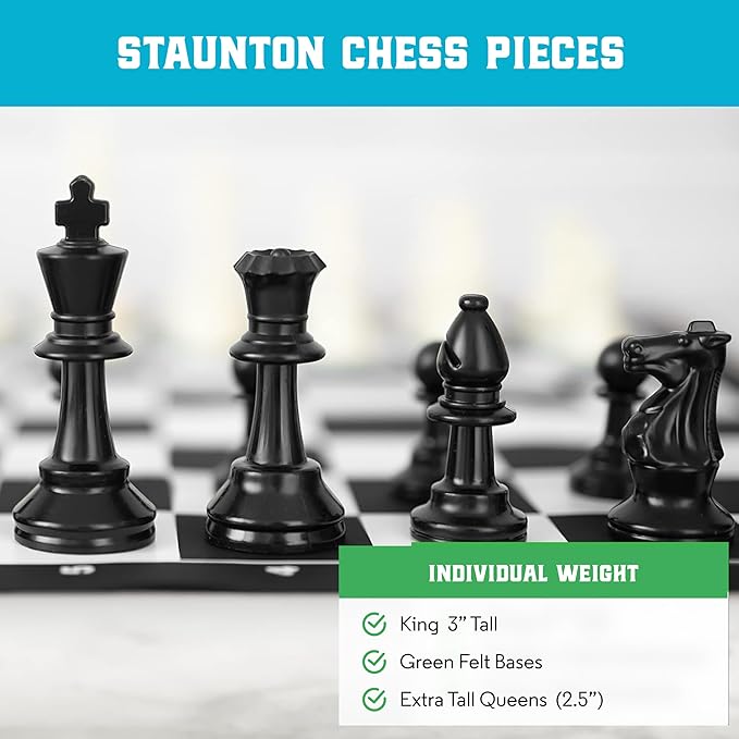 Best Chess Set Ever Portable Chess Set 1X Single Weighted Staunton Pieces with 15 in Foldable Silicone Chess Board, Lite Edition for Kids & Adults, Travel Chess Set for Begginers and Pros