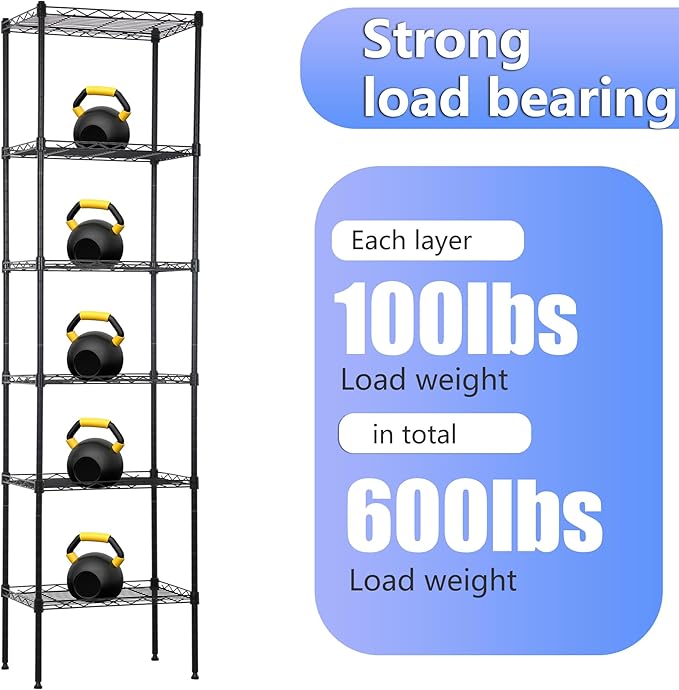 BestOffice Metal Garage Shelving 6 Tiers Garage Storage Shelves Heavy Duty 17”D x 12”W x 64”H Easy Assemble Wire Shelving NSF Certified Storage Shelves with Levling Feet for Home Garage Office, Black