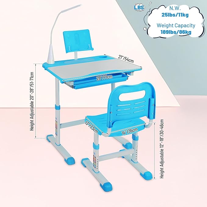 Adjustable Student Desk and Chair Set, 3-15 Kids School Desk with Drawing Tilt Desktop/LED Light/Cup Holder/Bookstand/Storage Drawer, Study Desk for Boys & Girls,Blue