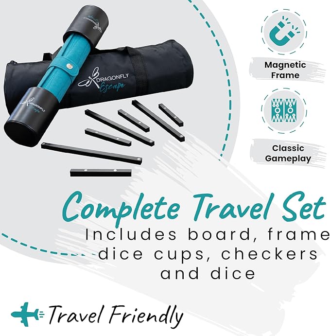 Deluxe Travel Backgammon Set – Roll-Up Board with Magnetic Wooden Frame, Dice Cups and Bag - Unique Travel Backgammon Set for Adults