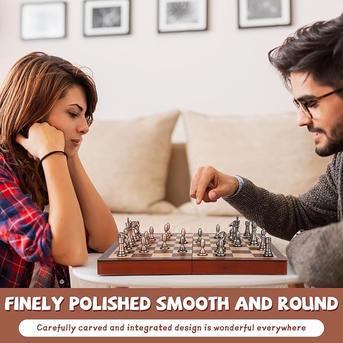 12-Inch Metal Chess Set Pieces – Wooden Chess Board Set Folding Travel Chess Sets,Metal Bronze & Silver Chessmen, Bonus 2 Extra Queens, Portable and Durable Classic Chess Game for Kids and Adults
