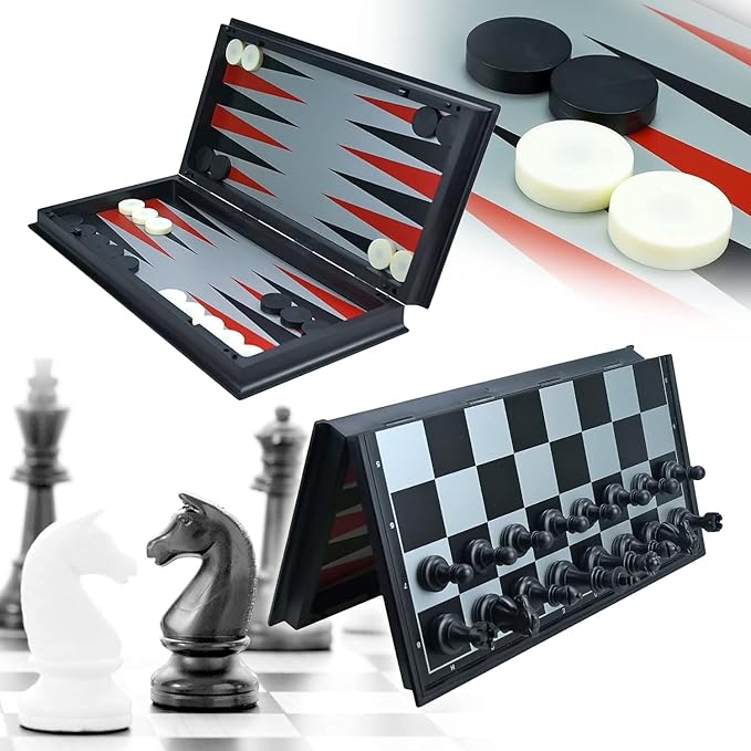 WEofferwhatYOUwant 4-in-1 Magnetic Chess Set – Chess, Checkers, Backgammon & Bonus Strategy Card Game – 14.2” Folding Board