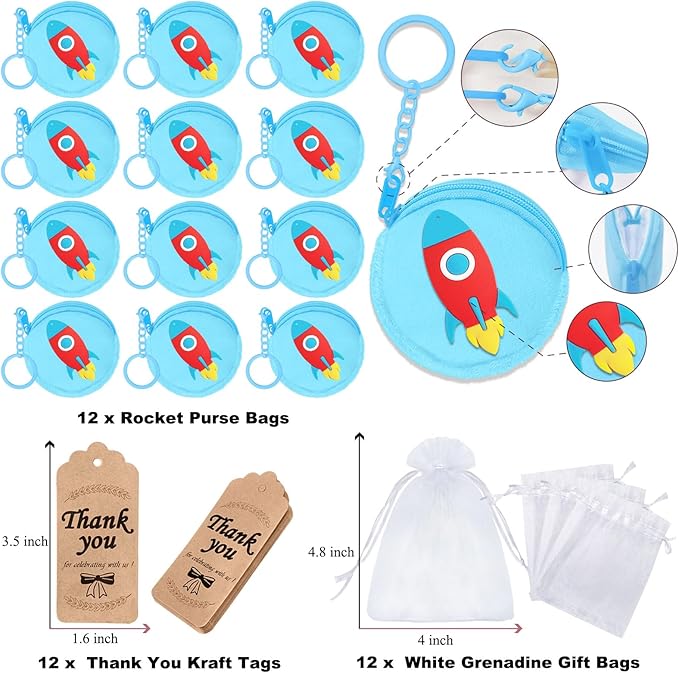 36 Pack Rocket Change Purses Set Include 12 Wallets with Keyring,12 Thank YouTags and 12 Organza Bag for Outer Space Science Fiction Themed Party, Kids Baby Shower Birthday Decor, Blue