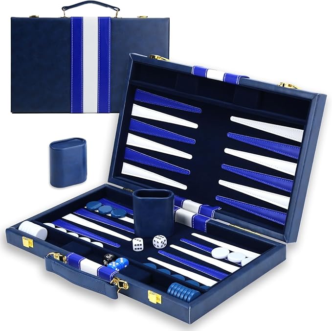 Backgammon Sets for Adults, 15 inch Backgammon Brown Sets Classic Board Game with Premium Leather Case, Portable Travels Strategy Backgammon Game Set for Adults, Kids (Blue)