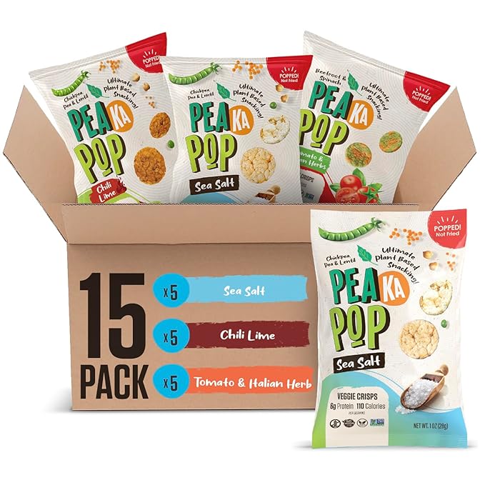 PeaKaPop Veggie Chips – Plant-Based, Healthy Veggie Crisps with Pea, Lentil & Chickpea Protein – Vegan, Gluten-Free, Popped Chips – Snack Size for Kids & Adults – 1 oz Bags (15-Pack) – Variety Pack 2