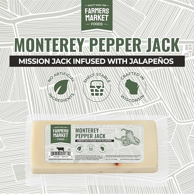 Farmers' Market Monterey Pepper Jack Cheese Block 7oz, Shelf Stable, Locally Sourced Wisconsin Cheese, All Natural Snack, Perfect for Slicing and Shredding, 3-Pack