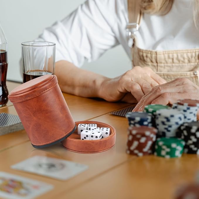 Brown PU Leather Dice Cup with Lid, Velvet Interior Quiet Dice Shaker Cup with 6 Dice for Liars Dice/Farkle/Yahtzee Games, 1 Pack