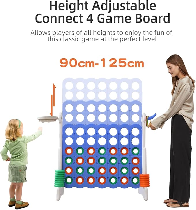 UNICOO® Height Adjustable Jumbo 4-to-Score Game, 4 in A Row Game with Basketball Hoop, Ring Toss, Carrying Bag, Indoor Outdoor Yard Game, Parties & Family Gatherings
