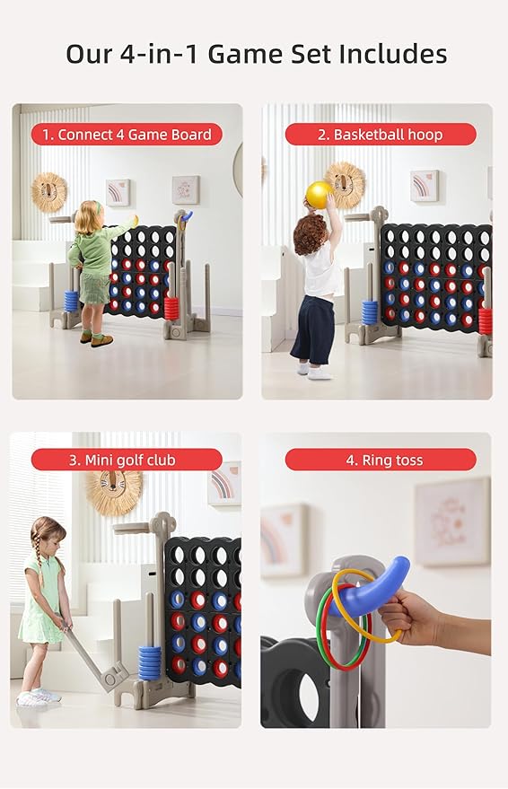 UNICOO® Jumbo 4 in a Row Game | Adjustable Height (2.5-3.5 FT) 4-to-Score Giant Yard Game Set for Kids & Adults w/Build-in Mini Games, Golf Clubs | Indoor/ Outdoor Games for Party & Family Fun