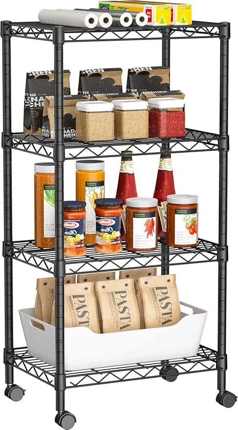 Small 4 Tier Shelves Storage Wire Shelving Unit Metal Shelf Adjustable Organizers Storage Shelving with Wheels for Bathroom Laundry Room Kitchen Pantry12โD x 18โW x 44.8โH Black