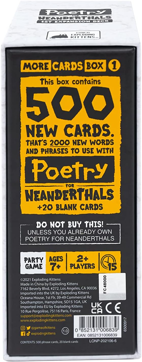 Exploding Kittens Presents Poetry for Neanderthals Expansion Pack - 500 Double Sided Cards - More Cards with 2000 New Words - Word Guessing Card Games for Family Game Night - Ages 7 and Up