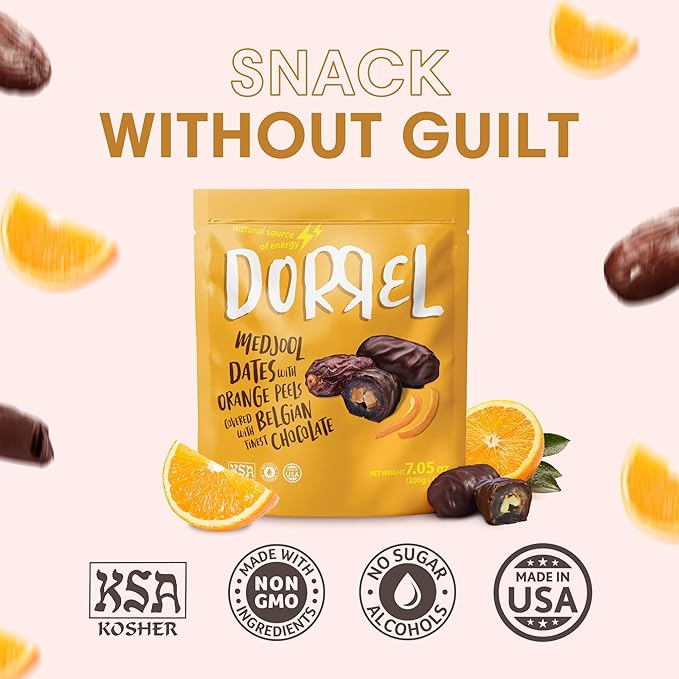 Dorrel Belgian Dark Chocolate Covered Medjool Dates Stuffed with candied orange peel, High-Energy Source, Nutritious and Sweet Snacks, Non-GMO, Kosher, 1 Pack