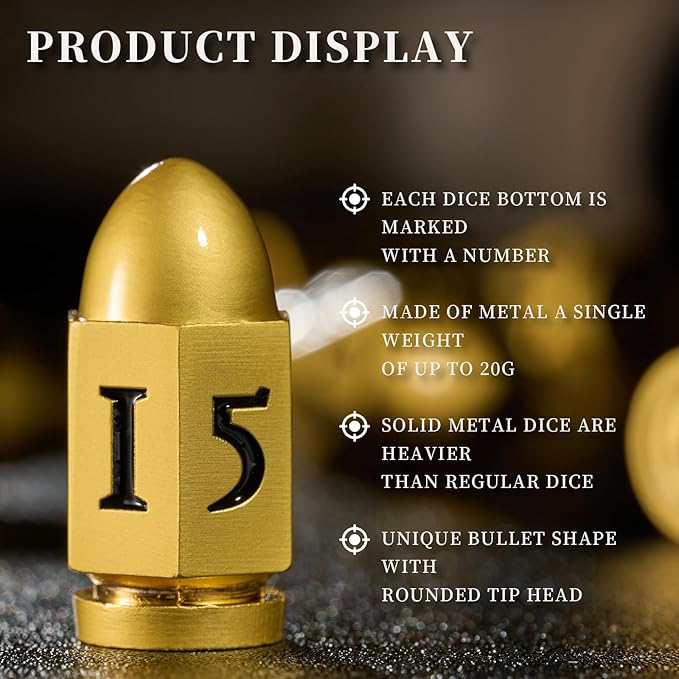 Bullet Dice Set,DND Dice for Dungeons and Dragons,Metal Dice Polyhedral D&D Dice for Warhammer 40K (Pearl Gold BlackNumber)