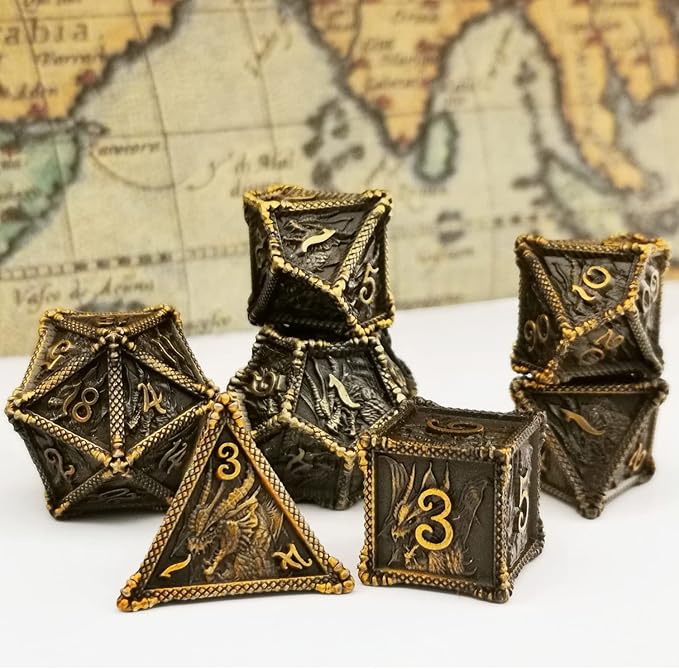 HAOMEJA Dice DND Metal Dragon Set Dice 7 Role Playing Dice D&D Solid Dice Dungeons and Dragons (Ancient Brass)