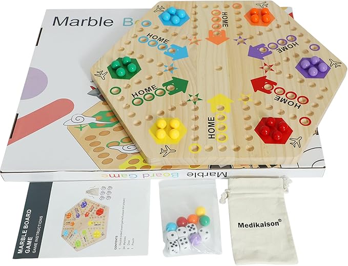 Large Size Original Marble Game Solid Wood 20 inch Wahoo Board Game Double Sided Painted Wooden Fast Track for 6 and 4 Players 6 Colors 24 Marbles 6 Dice for Family Friend