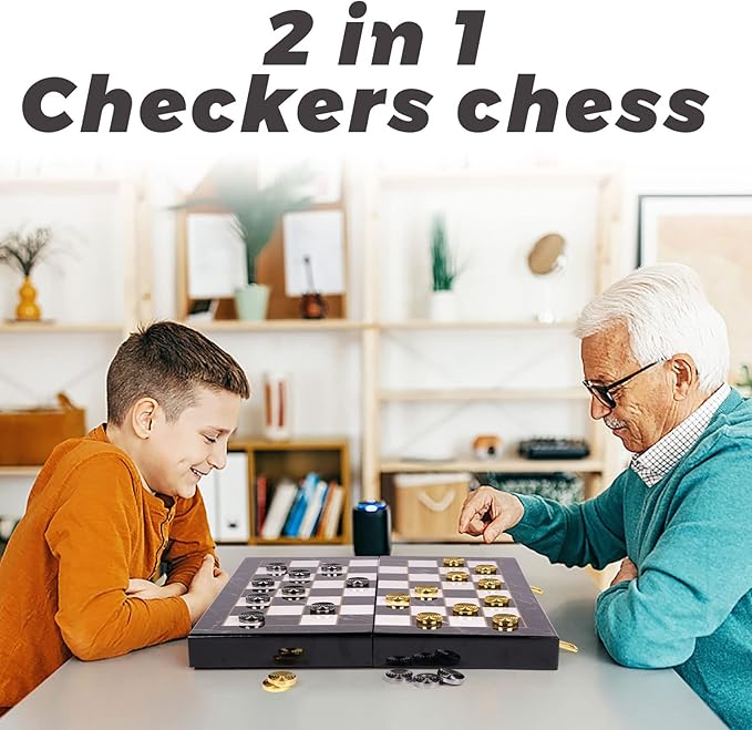 Metal Chess Set and Checkers Game Set 15 inch(2 in 1) Chess Board Games for Adults Kids Metal Chess Pieces & Portable Folding Wooden Chess Board Travel Chess Sets Metal Chess Pieces with Storage Box