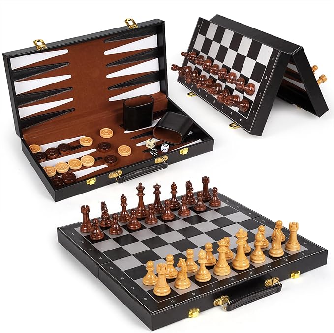 Chess Checkers Backgammon Set 3-in-1 Board Games Sets for Kids & Adults,15" Folding Magnetic Chess Set Leather Chess Board Strategy Game Portable Travel Chess Game with Magnetic Chess Pieces