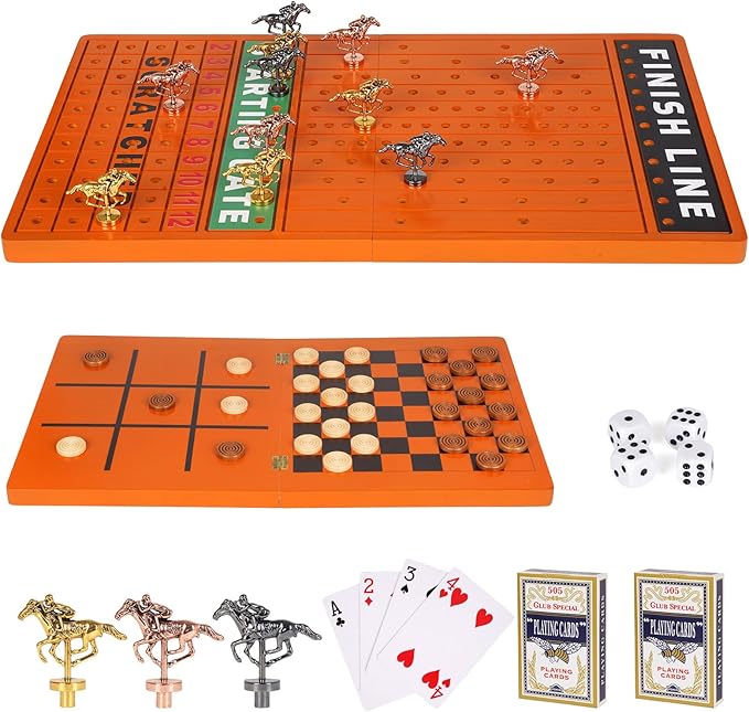 3-in-1 Horse Race Board Game &Checkers & Tic-Tac-Toe ๏ผ3 in1 Wooden Board Game Set for Kids & Adults Travel Family Foldable Horse Racing Board Game with 11 Metal Horses Interactive Strategy Game