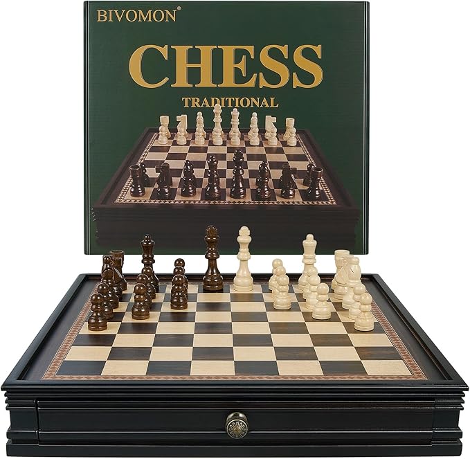 12.5’’ Wooden Chess Set, Magnetic Chess Pieces with 2 Built-in Storage Drawers - Chess Broad Game for Beginner, Kids, Adults - 2 Bonus Extra Queens