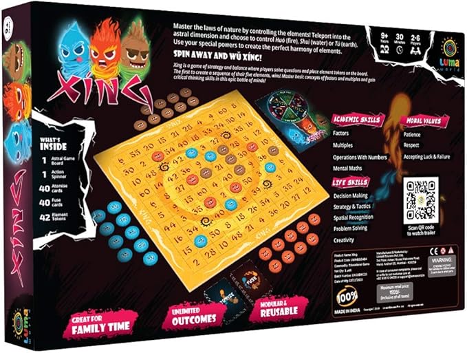 LUMA WORLD ADD LIFE TO LEARNING Educational Board Game Xing for 9 Years to Learn Factors, Multiplication, Mental Maths & Problem Solving, Elements Theme with Action Spinners & Tokens, 2 to 4 Players