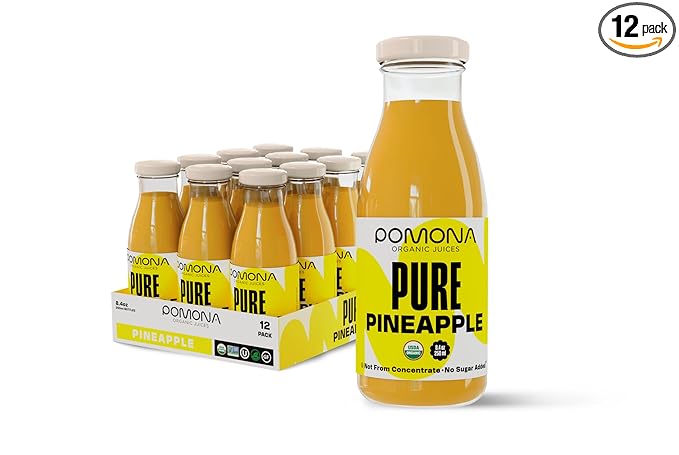 Pomona Organic Juices Pure Pineapple Juice, 8.4 Ounce Bottle (Pack of 12), Cold Pressed Organic Juice, Non-GMO, No Sugar Added, Not from Concentrate, Gluten Free, Kosher Certified, Preservative Free