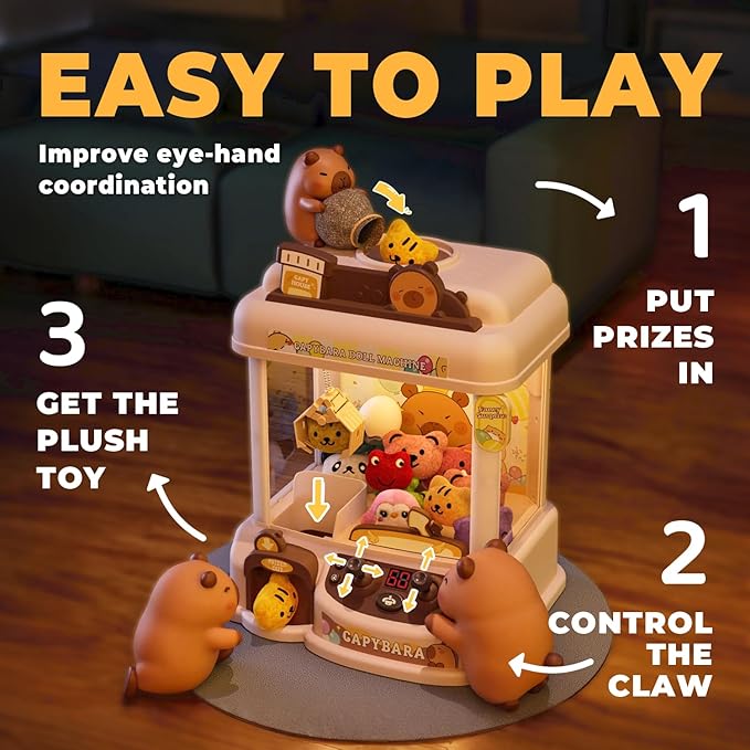 Claw Machine for Kids, Capybara Mini Vending Machine for Age 3+, Toy Claw Machines with Plush and Squishy Prizes for Girls, Candy Grabber Dispenser Toy for Boys, Birthday Gifts for Kids Age 3-8