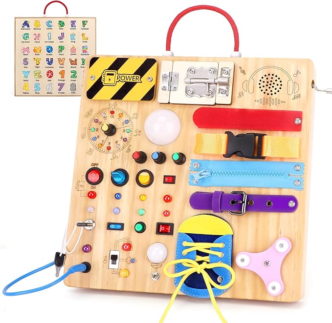 Busy Board,Montessori Toys for 1-3 Year Old Boys & Girls,Travel Educational Learning Activities for Toddlers,Sensory Toy for Kids with Autism (Busy Board v3)