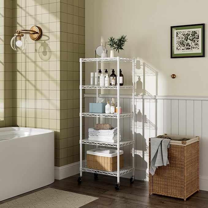 Small 5 Tier Shelves Storage Wire Shelving Unit Metal Shelf Adjustable Organizers Storage Shelving with Wheels for Bathroom Laundry Room Kitchen Pantry12”D x 18”W x 57.2”H White