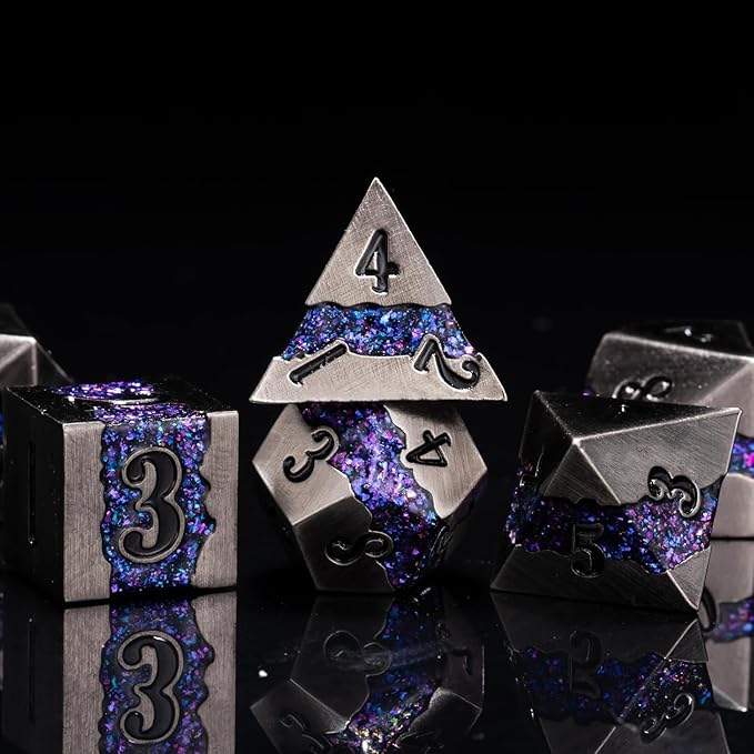 Metal Dice Set D&D, 7 PCS RPG Metallic Glitter Stripe Dice Set with Gift Box for Dungeons and Dragons Role Playing Games