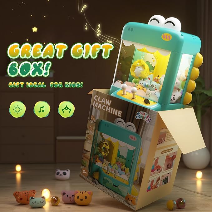Skirfy Dinosuar Claw Machine, Mini Vending Machine with Lights & Music, Adjustable Sound, Candy and Electronic Prize Dispenser, Includes 45 Toys, Candy and Birthday Gift for Kids Boys