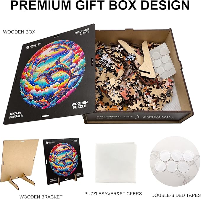 Wooden Puzzle for Adults โ Unique Dolphin-Shaped Jigsaw, Colorful Ocean Animal Design Brain Teaser for Kid & Teen, 220 Pieces, 10"x10", Ships as Whole Puzzle Board, Gift-Ready Box, Fun Family Game