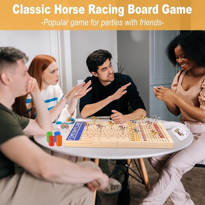 21 inches Horse Racing Game, Horse Race Board Game with 11 Metal Horses, Wood Folding Board Game with 120PCS Chips, 2 Dice and 2 Decks of Cards,for Friends Adults Family Party Game Night