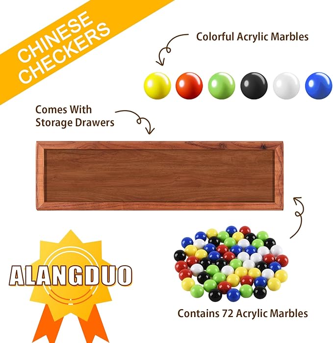16.5" Large Chinese Checkers Upgraded Version Wooden Game Board, 16mm 60+12 Colorful Acrylic Marbles, Easy Grasping for Adults and Kids, with Storage Drawer, Fun for Family Gathering