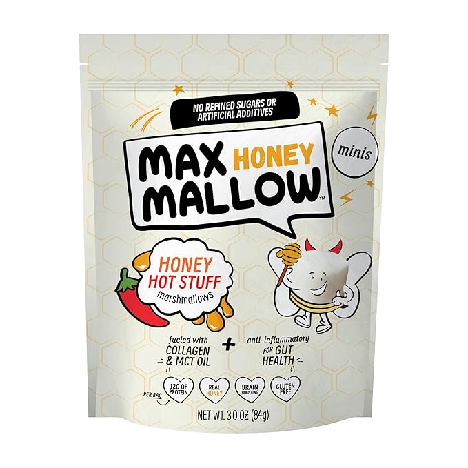 Max Mallow Hot Stuff Mini HONEY Marshmallows – Gut Friendly, Gluten Free, No Refined Sugars, Real Wildflower Honey, Collagen-Infused Snack (3 Pack, Honey Hot Stuff)