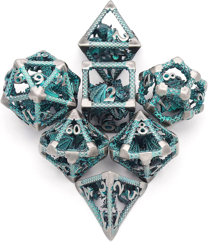 D&D Hollow Metal Polyhedral Dice Set for RPG and Tabletop Games - 3D Silver Blue