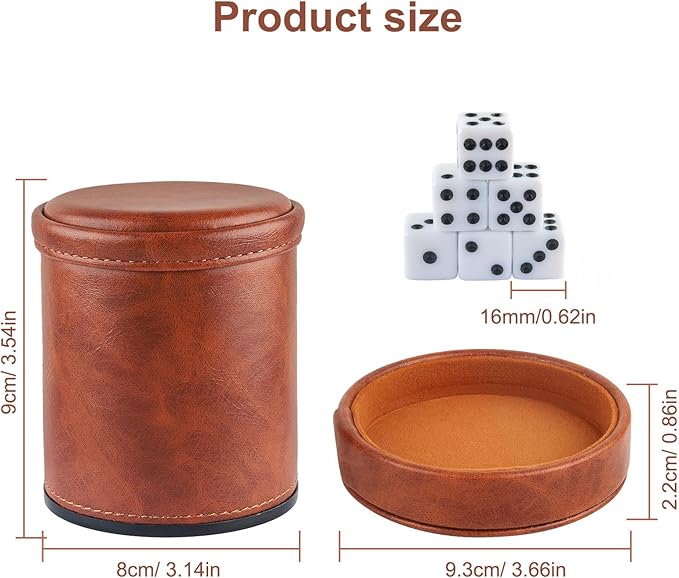 Brown PU Leather Dice Cup with Lid, Velvet Interior Quiet Dice Shaker Cup with 6 Dice for Liars Dice/Farkle/Yahtzee Games, 1 Pack