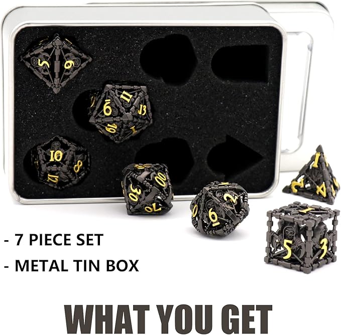DND Dice, Dungeons and Dragons Dice Metal Polyhedral Dice Set Role Playing D&D Dice HNCCESG Hollow Grim Reaper Gaming for RPG Table Game (Black)