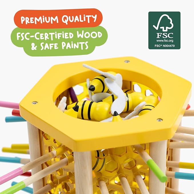 Nene Toys BeeFall, 4-in-1 Wooden Honey Bee Toy for Kids Ages 3-9 - Educational Game with Wooden Honeybee Hive, 12 Bees, Colorful Sticks, Dice & Cards - Fun Family Game for Cognitive Development