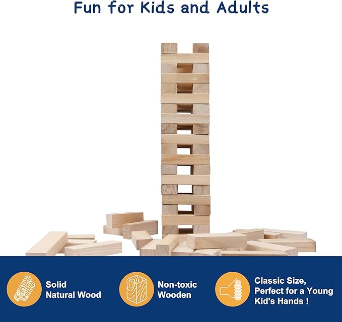 Tumbling Tower Blocks Games,Large Wooden Blocks Stacking Game for Kids Adults Family Classic Stacking Board Games for Indoor Outdoor Backyard Lawn Stack to Over 3.2Ft- 60pcs with Carrying Bag