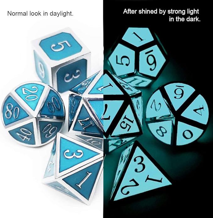 Haxtec Glow in The Dark Metal Dice Set D&D Glowing Blue Silver W/Dragon Dice Bag 7 Die D&D Dice Set for Dungeons and Dragons RPG