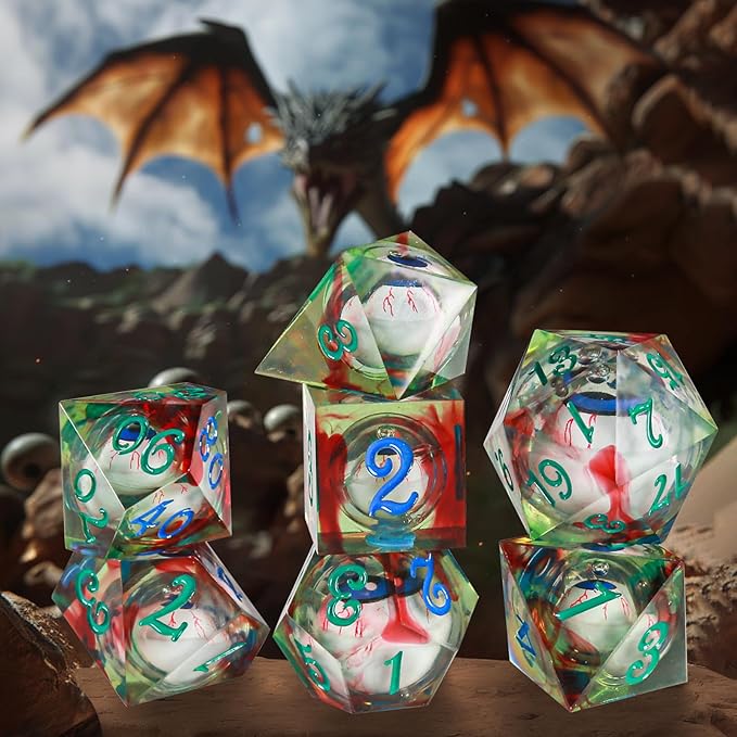 Evil Eye Dices OriCraft Moving Eyes Dice DND Dice Set with Moving Eye Inside Dungeons and Dragons Polyhedral Role Playing Gaming Dices D20 Dice 7 Set Halloween Dices Green