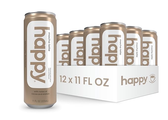 happy coffee canned mocha latte, 11 oz. cans, 12 pack, notes of cocoa & elation, 100% arabica beans, no artificial flavors or sweeteners