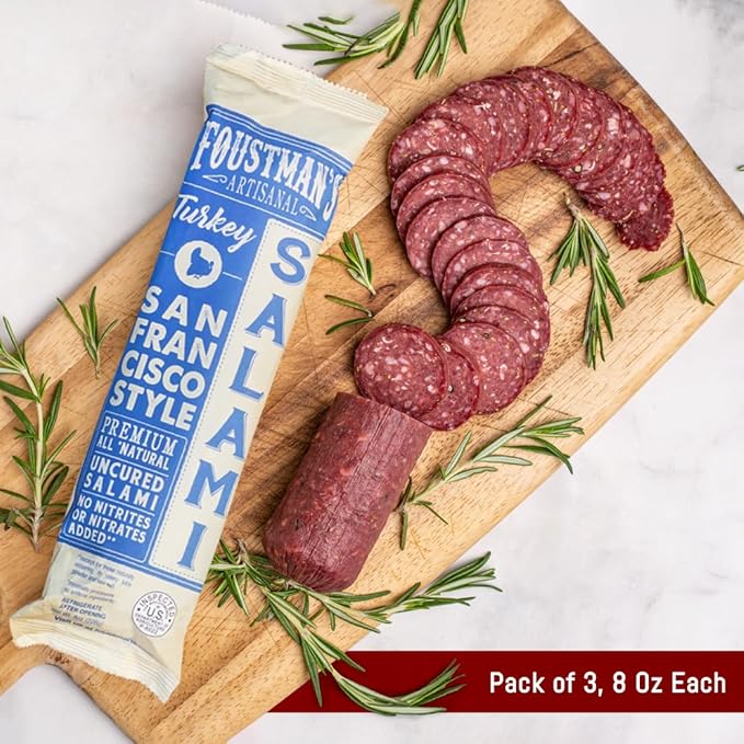 Foustman's Salami Turkey San Francisco Style Salami, Artisanal Turkey Salami, Authentic Flavor for Versatile Snacking and Keto Diets, Gluten-Free, Dairy-Free, Nitrate-Free, Pack of 3, 8 Oz Sticks Each